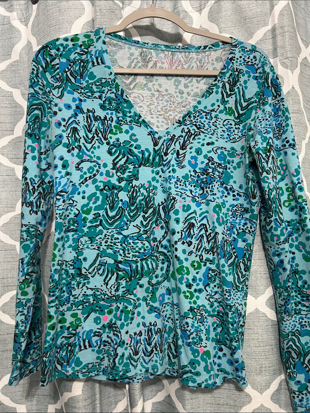 Lilly Pulitzer Teal and Aqua Printed V-Neck Top